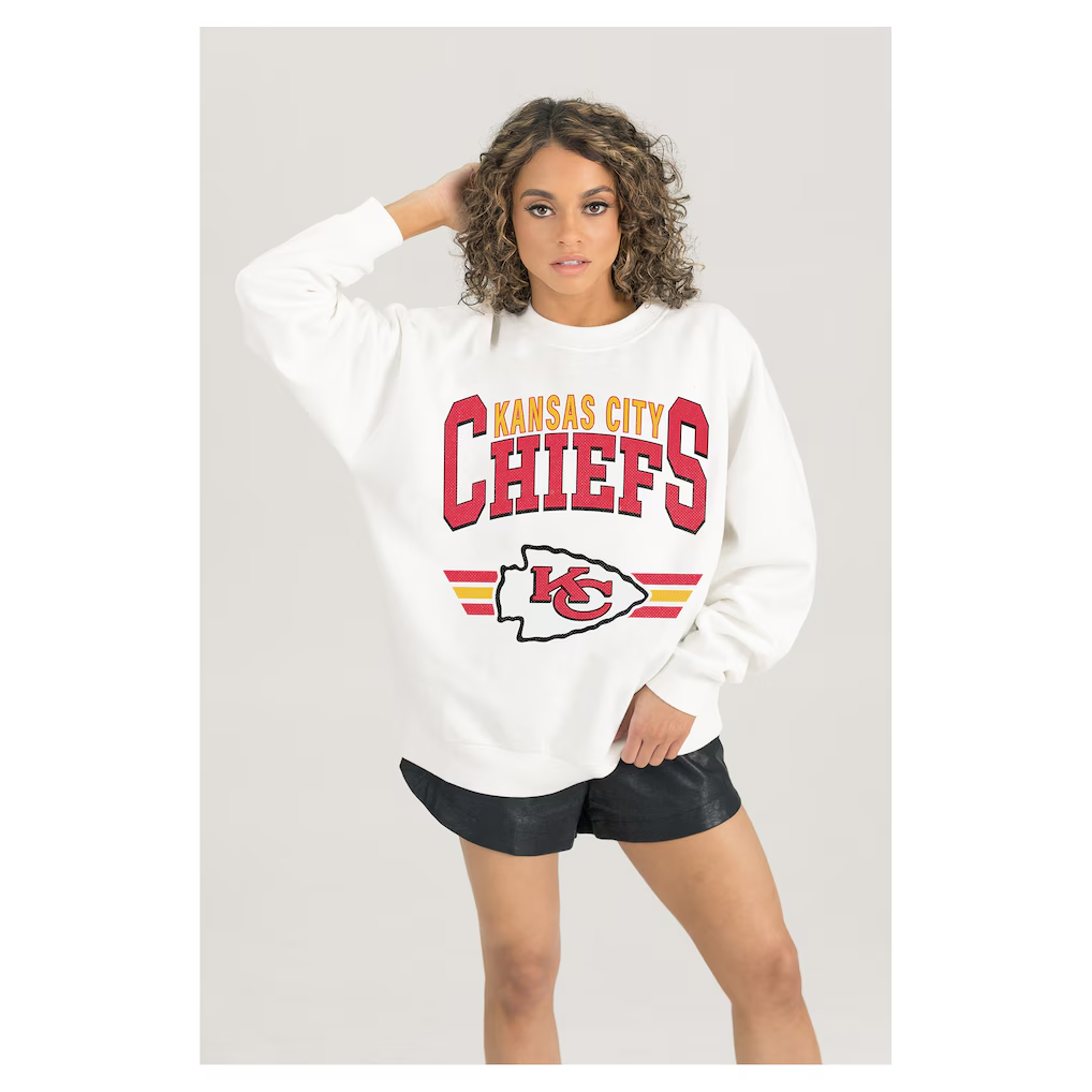 Women's Kansas City Chiefs Gameday Couture White Sunday Drives Oversized Crewneck Pullover Sweatshirt(Run Small)